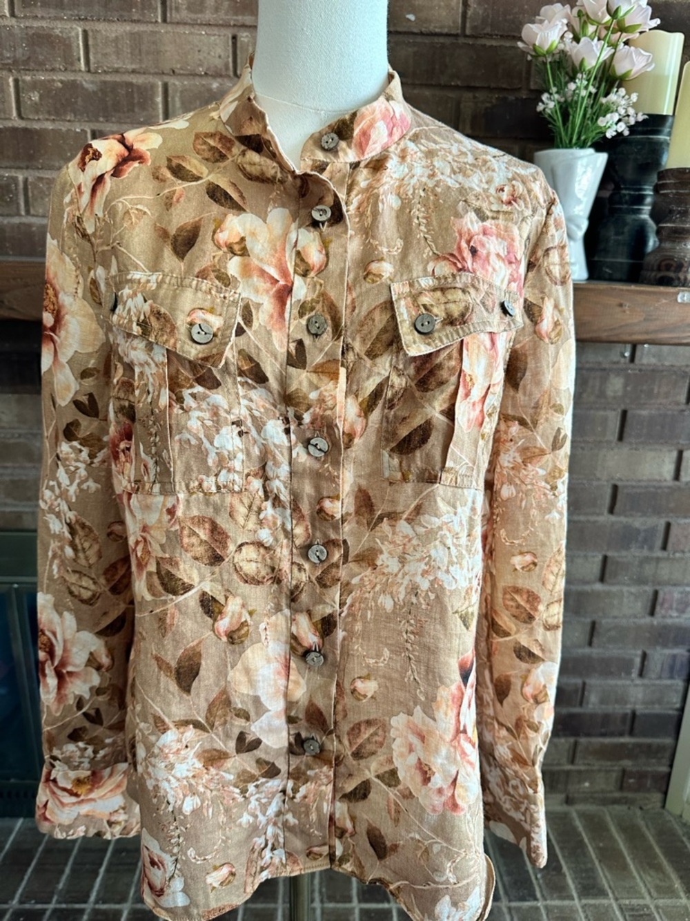 Zimmermann Floral Linen Safari Shirt Mandarin Collar Tan Sepia Size 3 US 10